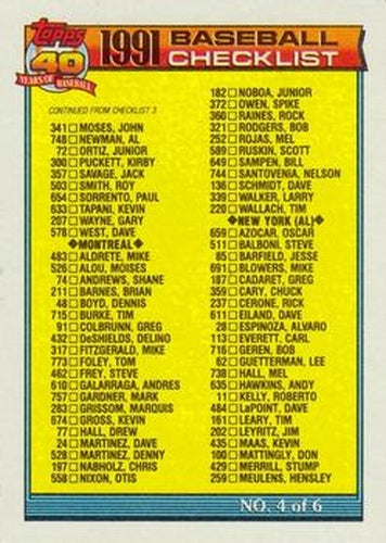 #527 Checklist 4 of 6 - Minnesota Twins / Montreal Expos / New York Yankees / New York Mets / Oakland Athletics / Philadelphia Phillies - 1991 Topps Baseball