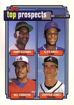 #551 1992 Top Prospects Shortstops Manny Alexander / Alex Arias / Wil Cordero / Chipper Jones - Baltimore Orioles / Chicago Cubs / Montreal Expos / Atlanta Braves - 1992 Topps Baseball