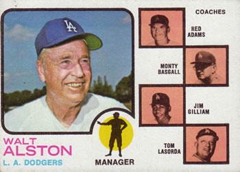 #569 Dodgers Field Leaders Walt Alston / Red Adams / Monty Basgall / Jim Gilliam / Tom Lasorda - Los Angeles Dodgers - 1973 Topps Baseball