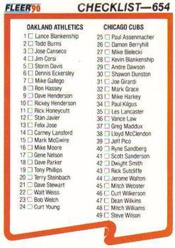 #654 Checklist - Oakland Athletics / Chicago Cubs / San Francisco Giants / Toronto Blue Jays - 1990 Fleer Canadian Baseball