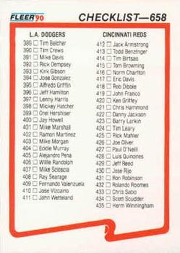 #658 Checklist - Los Angeles Dodgers / Cincinnati Reds / New York Yankees / Pittsburgh Pirates - 1990 Fleer Canadian Baseball