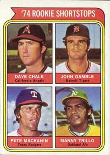 #597 1974 Rookie Shortstops Dave Chalk / John Gamble / Pete Mackanin / Manny Trillo - California Angels / Detroit Tigers / Texas Rangers / Oakland Athletics - 1974 Topps Baseball