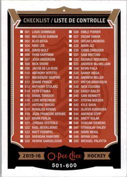 #600 Checklist: 501-600 - 2015-16 O-Pee-Chee Hockey