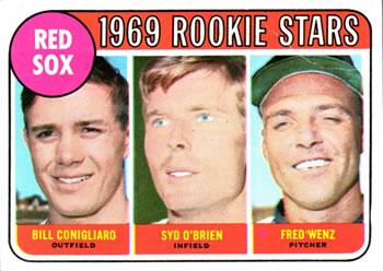 #628 Red Sox 1969 Rookie Stars Bill Conigliaro / Syd O'Brien / Fred Wenz - Boston Red Sox - 1969 Topps Baseball