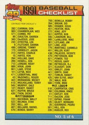 #656 Checklist 5 of 6 - Philadelphia Phillies / Pittsburgh Pirates / St. Louis Cardinals / San Diego Padres / San Francisco Giants - 1991 Topps Baseball