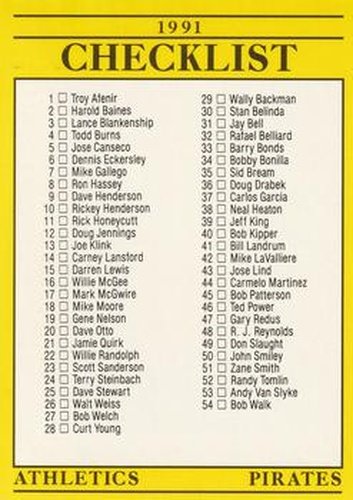 #714 Checklist: Athletics / Pirates / Reds / Red Sox - Oakland Athletics / Pittsburgh Pirates / Cincinnati Reds / Boston Red Sox - 1991 Fleer Baseball