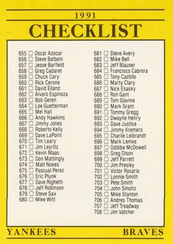 #720 Checklist: Yankees / Braves / Super Stars / Checklists - New York Yankees / Atlanta Braves - 1991 Fleer Baseball