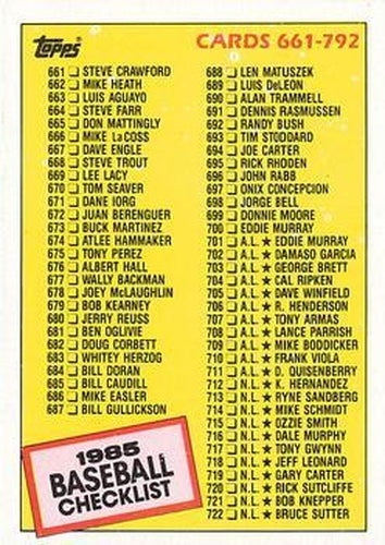 #784 Checklist: 661-792 - 1985 Topps Baseball