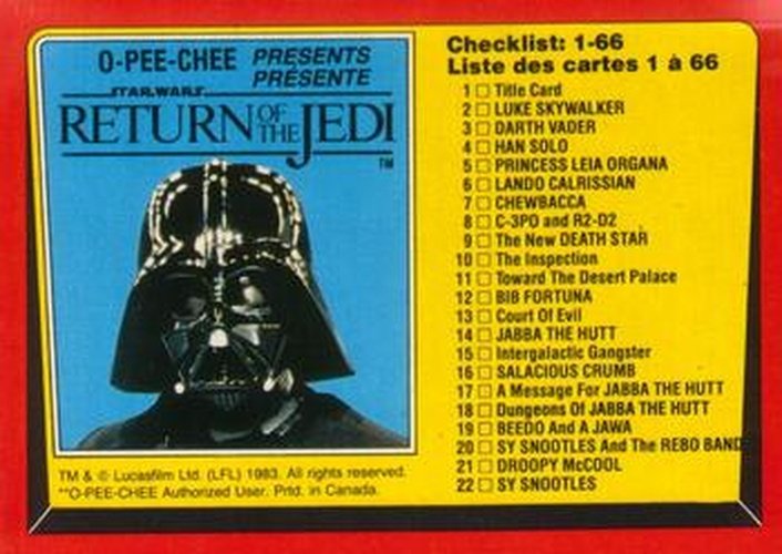 #131 Checklist 1-66 - 1983 O-Pee-Chee Return Of The Jedi