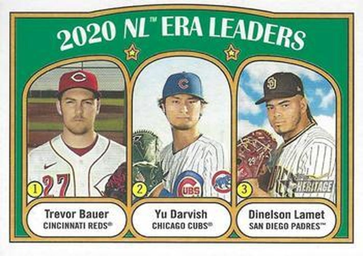 #91 2020 NL ERA Leaders Trevor Bauer / Yu Darvish / Dinelson Lamet - Cincinnati Reds / Chicago Cubs / San Diego Padres - 2021 Topps Heritage Baseball