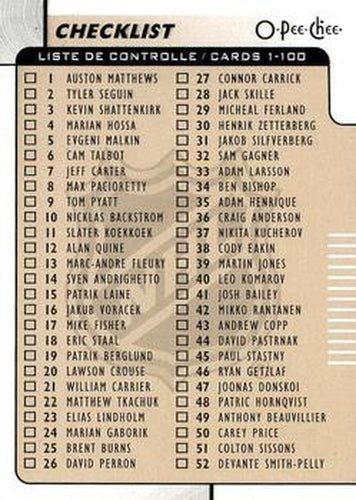 #100 Checklist: 1-100 - 2017-18 O-Pee-Chee Hockey