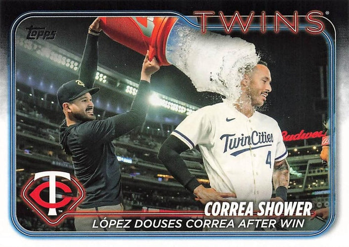 #155 Correa Shower: López Douses Correa After Win - Minnesota Twins - 2024 Topps Baseball