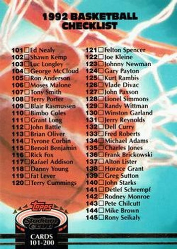 #190 Checklist: 101-200 - 1992-93 Stadium Club Basketball