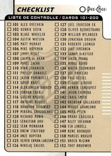 #200 Checklist: 101-200 - 2017-18 O-Pee-Chee Hockey