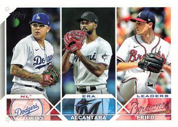 #211 NL ERA Leaders Julio Urias / Sandy Alcantara / Max Fried - Los Angeles Dodgers / Miami Marlins / Atlanta Braves - 2023 Topps Baseball