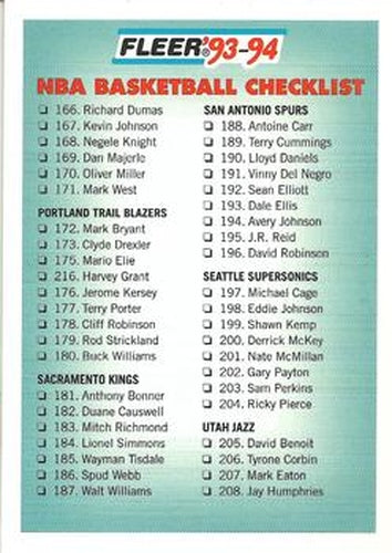 #240 Checklist: 166-240 - 1993-94 Fleer Basketball