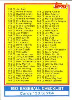 #249 Checklist: 133-264 - - 1983 Topps Baseball