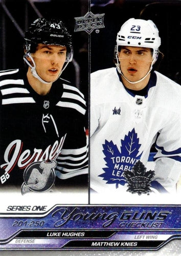 #250 Young Guns Checklist Luke Hughes / Matthew Knies - New Jersey Devils / Toronto Maple Leafs - 2023-24 Upper Deck Hockey
