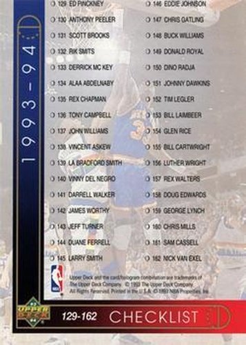 #254 Checklist: 129-192 CL - Denver Nuggets / New York Knicks / San Antonio Spurs - 1993-94 Upper Deck Basketball