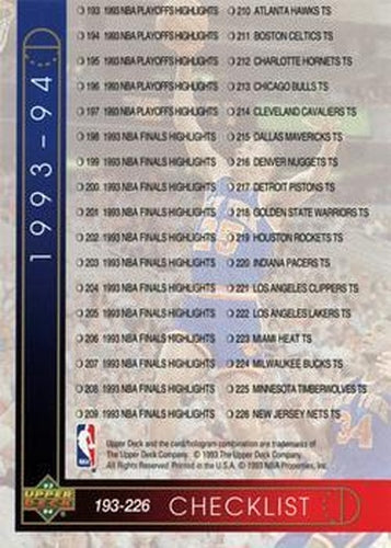 #255 Checklist: 193-255 CL - New York Knicks / Phoenix Suns / Los Angeles Lakers - 1993-94 Upper Deck Basketball