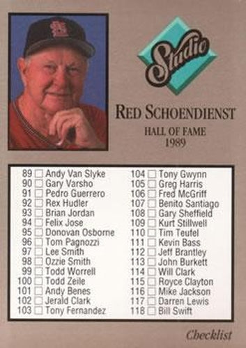 #262 Checklist Red Schoendienst - St. Louis Cardinals - 1992 Studio Baseball