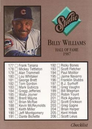 #263 Checklist Billy Williams - Chicago Cubs - 1992 Studio Baseball