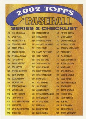 #2 Series 2 Checklist 2: 496-626 - 2002 Topps - Checklists Gold Baseball