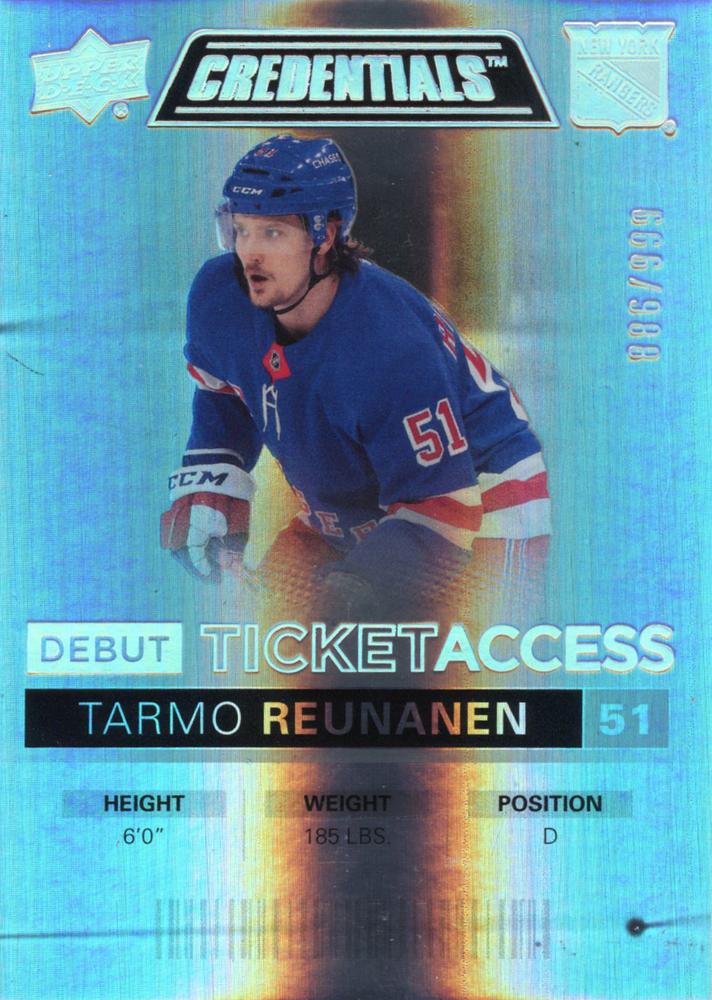 #83 Tarmo Reunanen - New York Rangers - 2021-22 Upper Deck Credentials Hockey