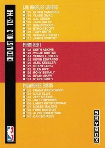 #324 Checklist 3: 113-168 CL - Los Angeles Lakers / Miami Heat / Milwaukee Bucks / Minnesota Timberwolves / New Jersey Nets / New York Knicks - 1992-93 SkyBox Basketball