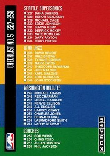 #326 Checklist 5: 227-295 CL - Seattle SuperSonics / Utah Jazz / Washington Bullets - 1992-93 SkyBox Basketball