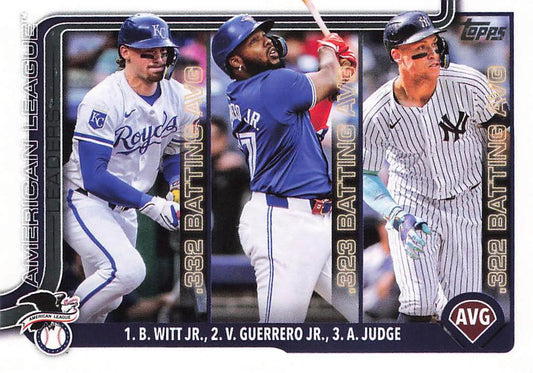 #345 American League Leaders AVG (Bobby Witt Jr. / Vladimir Guerrero Jr. / Aaron Judge) - Kansas City Royals / Toronto Blue Jays / New York Yankees - 2025 Topps Baseball