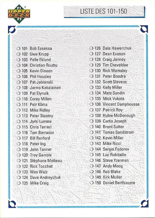 #200a Checklist: 101-200 - 1991-92 Upper Deck French Hockey