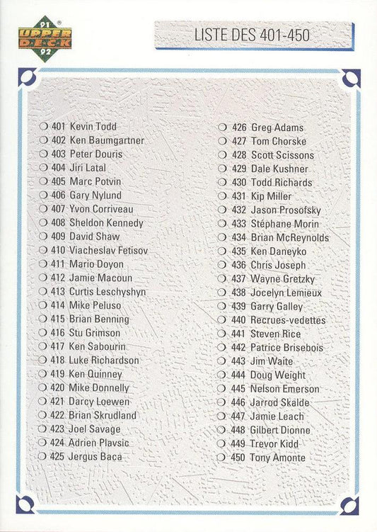 #500a Checklist: 401-500 - 1991-92 Upper Deck French Hockey