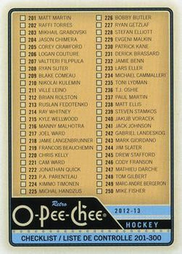#498 Checklist: 201-300 - 2012-13 O-Pee-Chee - Retro Hockey