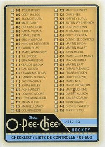 #500 Checklist: 401-500 - 2012-13 O-Pee-Chee - Retro Hockey