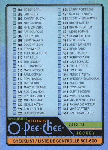 #551 Checklist: 501-600 - 2012-13 O-Pee-Chee - Rainbow Hockey