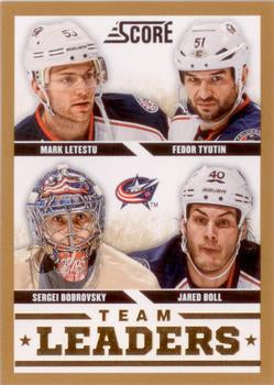 #558 Fedor Tyutin / Jared Boll / Mark Letestu / Sergei Bobrovsky - Columbus Blue Jackets - 2013-14 Score - Gold Hockey