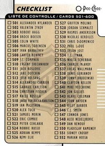 #600 Checklist: 501-600 - 2017-18 O-Pee-Chee Hockey
