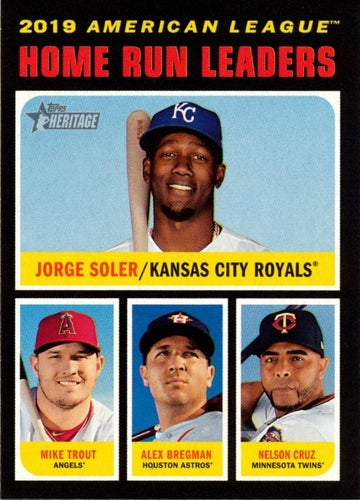 #65 2019 AL Home Run Leaders Jorge Soler / Mike Trout / Alex Bregman / Nelson Cruz - Kansas City Royals / Los Angeles Angels / Houston Astros / Minnesota Twins - 2020 Topps Heritage Baseball