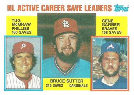 #709 NL Active Career Save Leaders Bruce Sutter / Tug McGraw / Gene Garber - St. Louis Cardinals / Philadelphia Phillies / Atlanta Braves - 1984 Topps Baseball