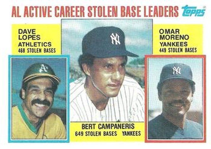#714 AL Active Career Stolen Base Leaders Bert Campaneris / Dave Lopes / Omar Moreno - New York Yankees / Oakland Athletics - 1984 Topps Baseball