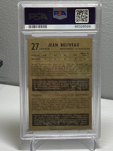 1953-54 Parkhurst Jean Beliveau #27 Canadiens Rookie HOF PSA 1