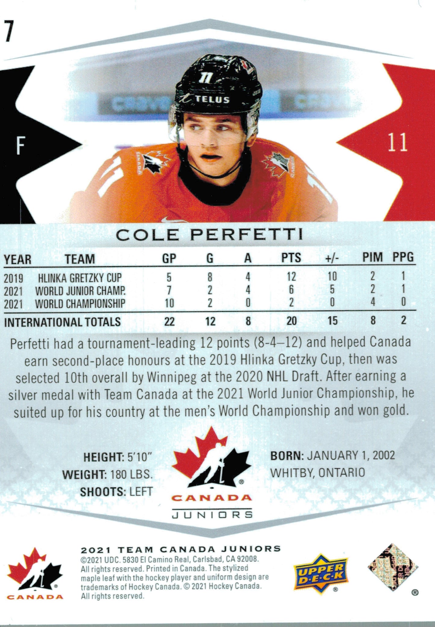 #7 Cole Perfetti - Canada - 2021-22 Upper Deck Team Canada Juniors Hockey