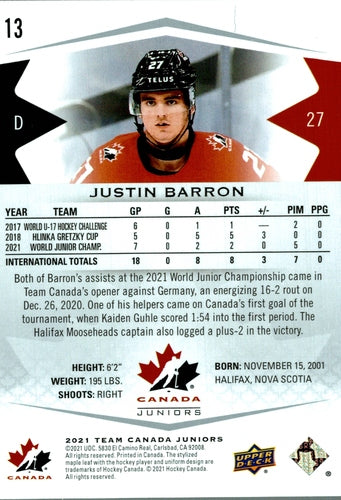 #13 Justin Barron - Canada - 2021-22 Upper Deck Team Canada Juniors Hockey