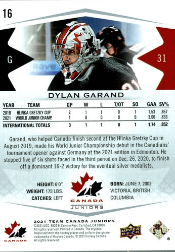 #16 Dylan Garand - Canada - 2021-22 Upper Deck Team Canada Juniors Hockey