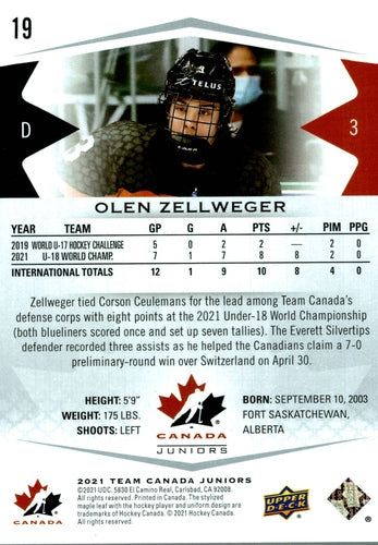 #19 Olen Zellweger - Canada - 2021-22 Upper Deck Team Canada Juniors Hockey