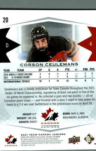 #20 Corson Ceulemans - Canada - 2021-22 Upper Deck Team Canada Juniors Hockey