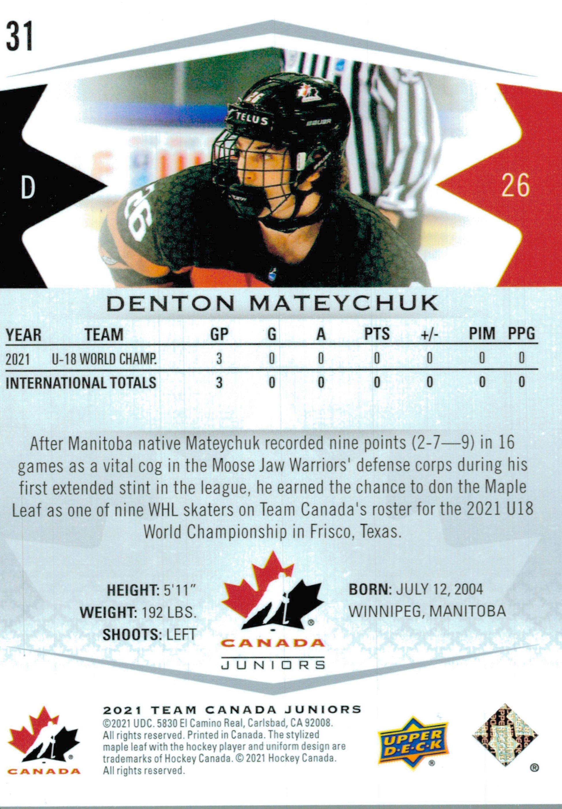 #31 Denton Mateychuk - Canada - 2021-22 Upper Deck Team Canada Juniors Hockey