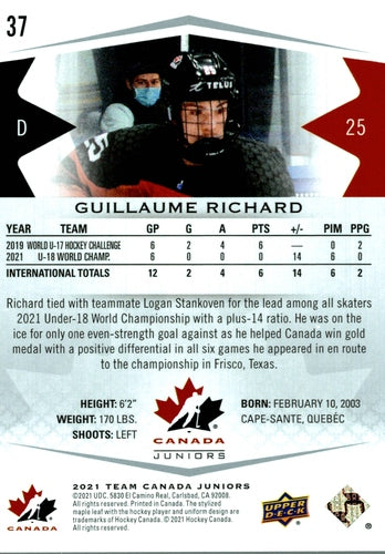 #37 Guillaume Richard - Canada - 2021-22 Upper Deck Team Canada Juniors Hockey