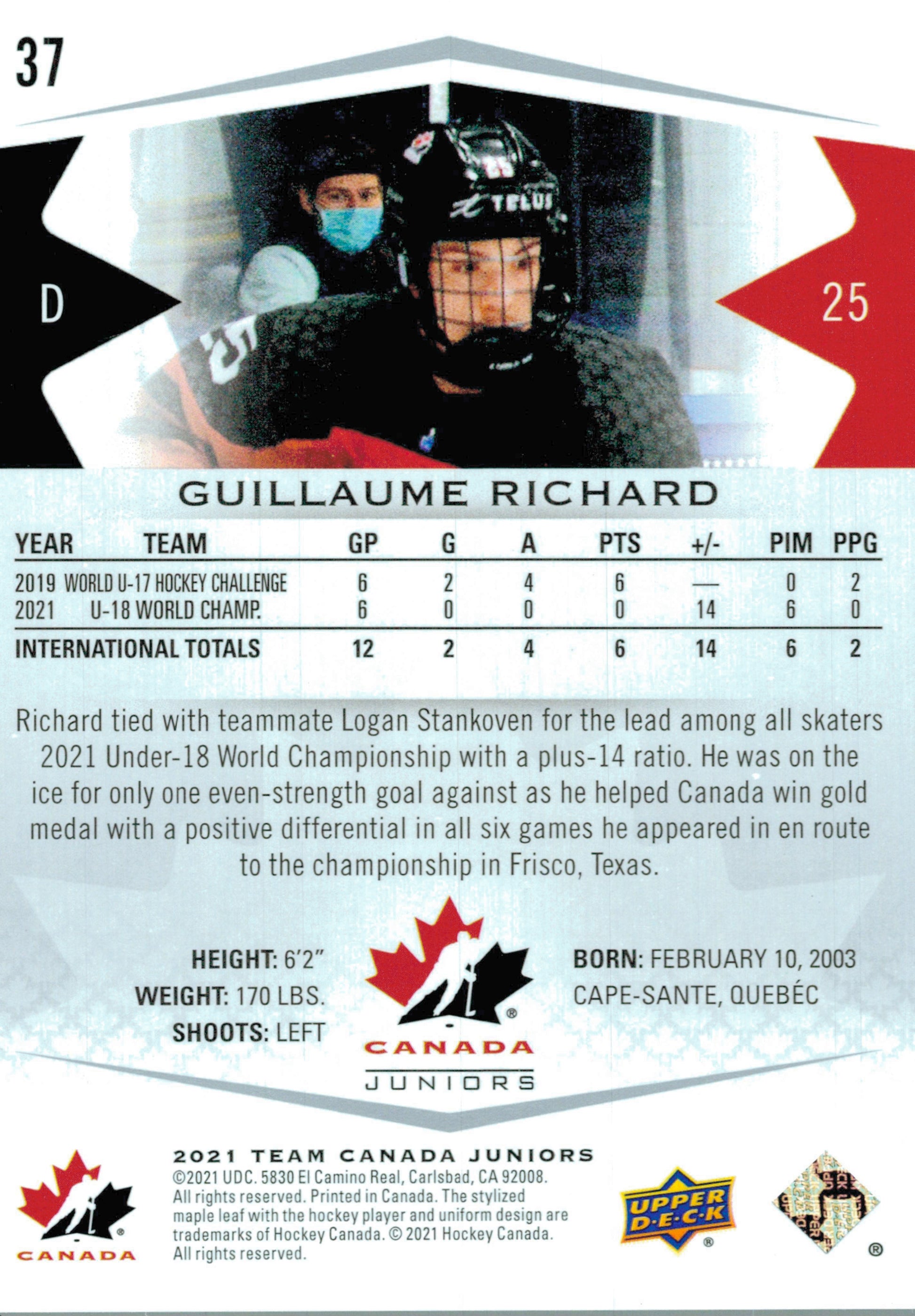 #37 Guillaume Richard - Canada - 2021-22 Upper Deck Team Canada Juniors Hockey